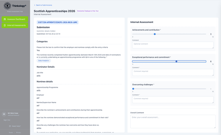 Assessment Workflows interface
