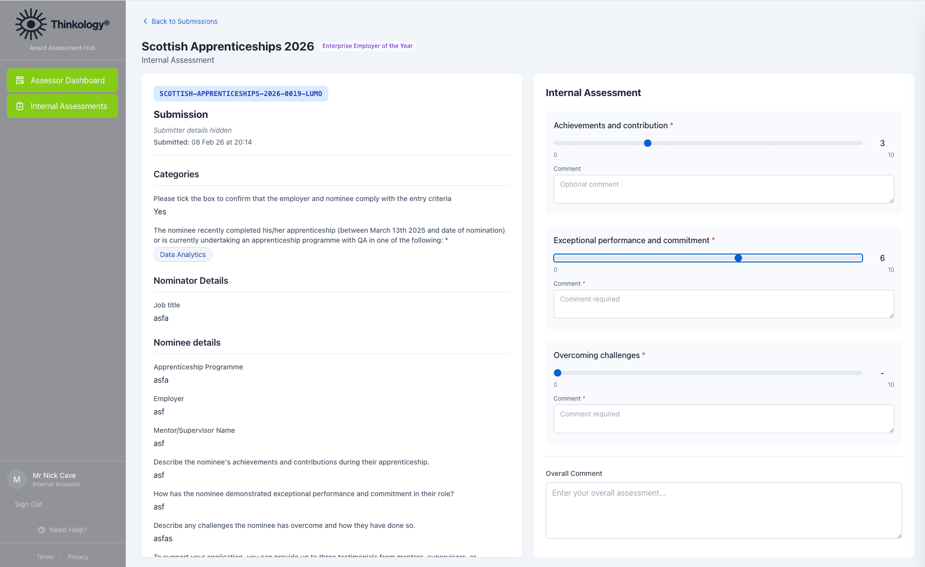 Assessment scoring interface