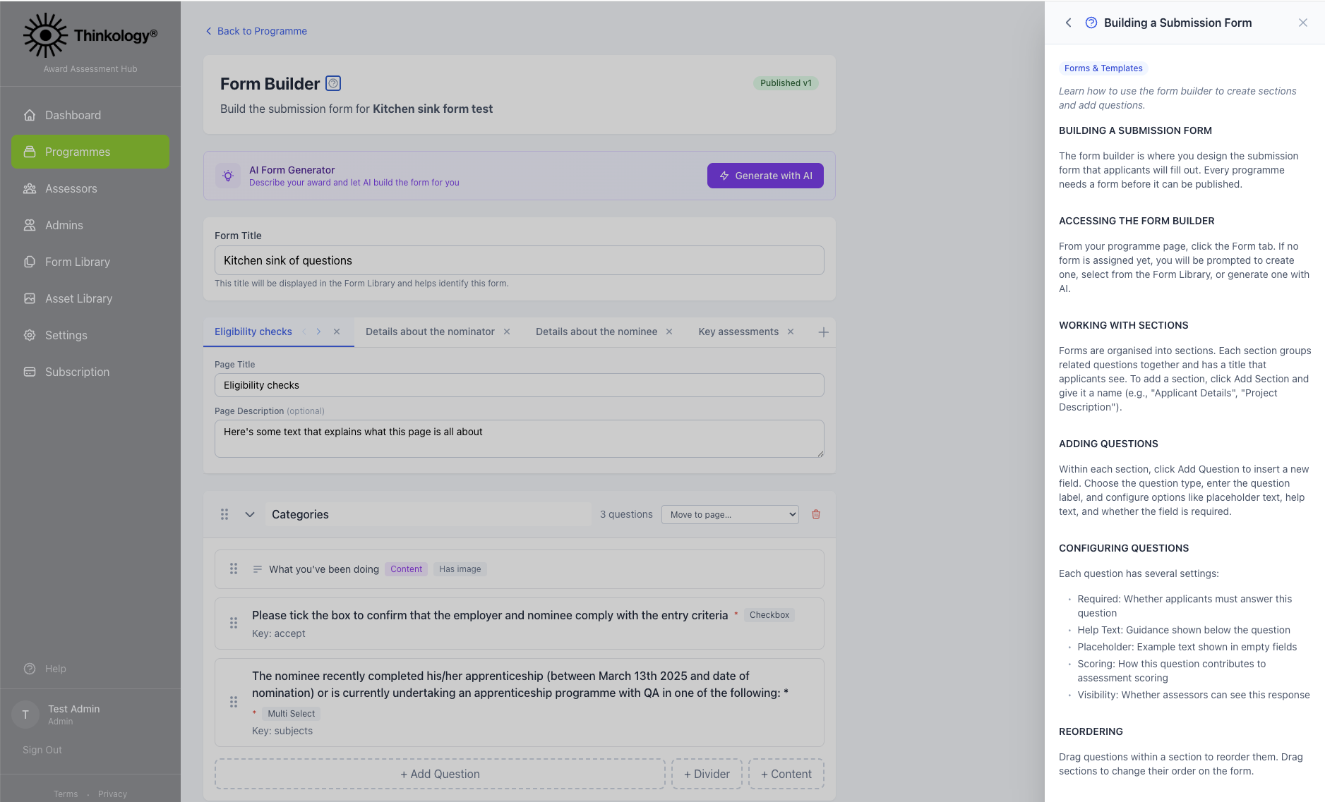 ClearAward form builder showing multi-page forms, question types, and contextual help panel