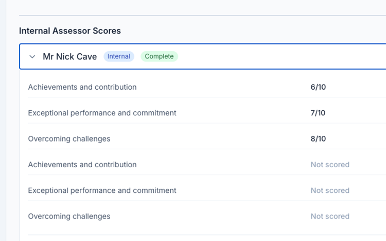 Assessor scoring breakdown