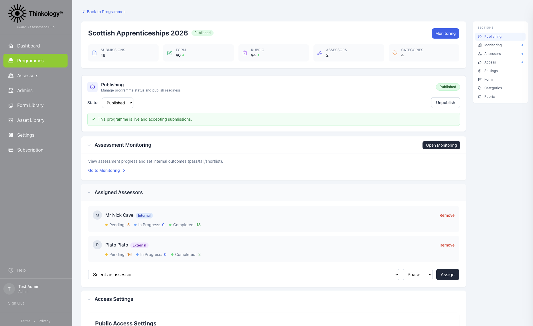 ClearAward programme dashboard showing lifecycle states, assessor assignments, and monitoring controls